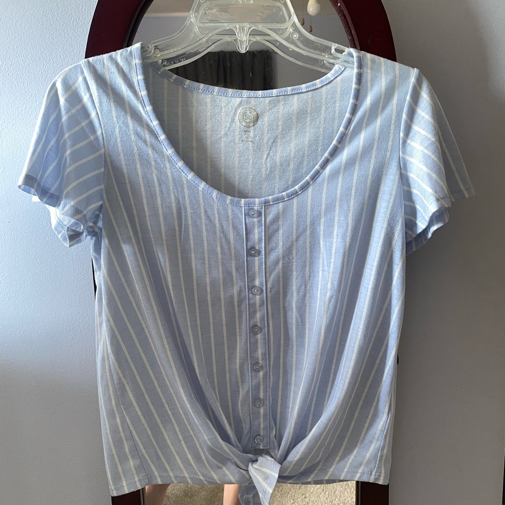 SO blue striped button down tie front top